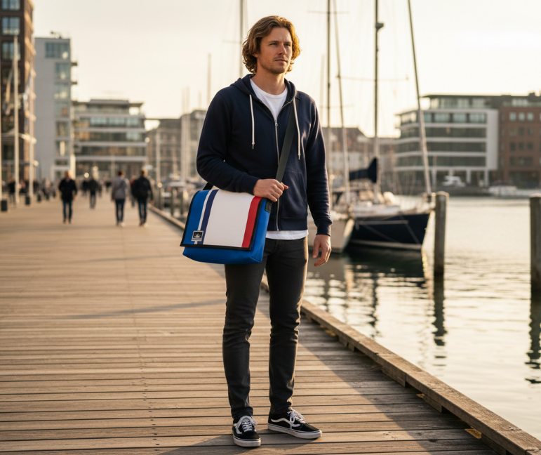 Mann in maritimer Umgebung mit Bootsmann Laptoptasche aus LKW-Plane