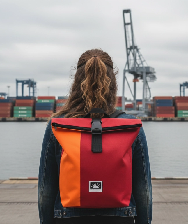 Frau trägt Bootsmann Rucksack Größe M aus Canvas