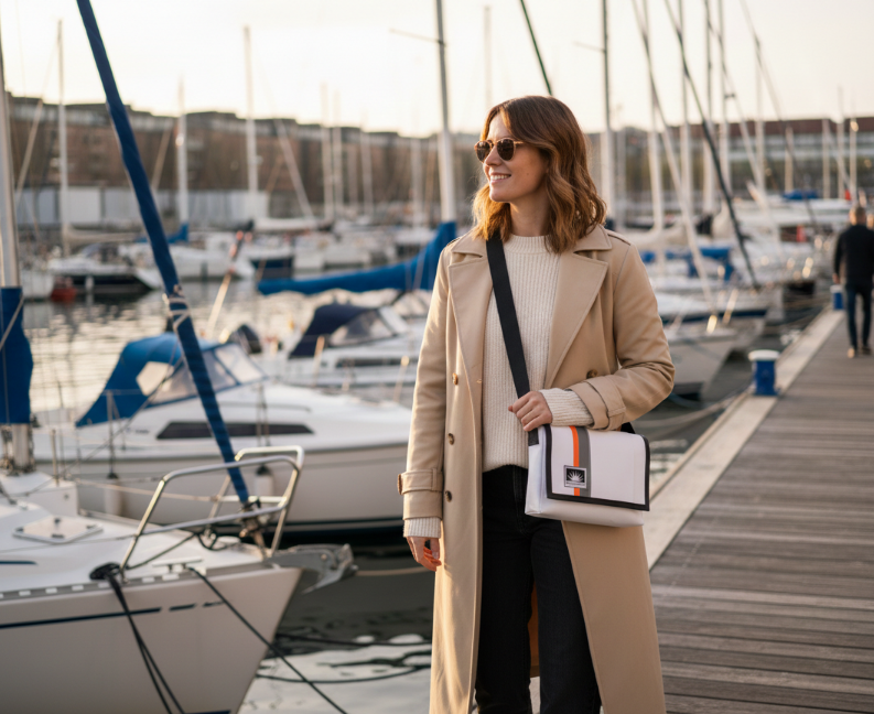 Frau auf Steg mit Bootsmann S-Quer-Umhängetasche aus LKW-Plane