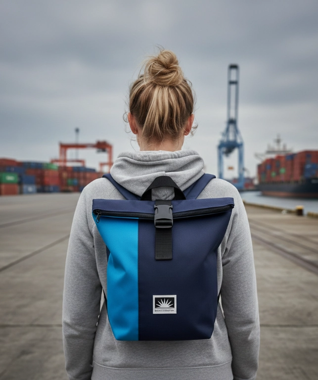 Frau mit Bootsmann Rucksack aus Canvas am Containerhafen