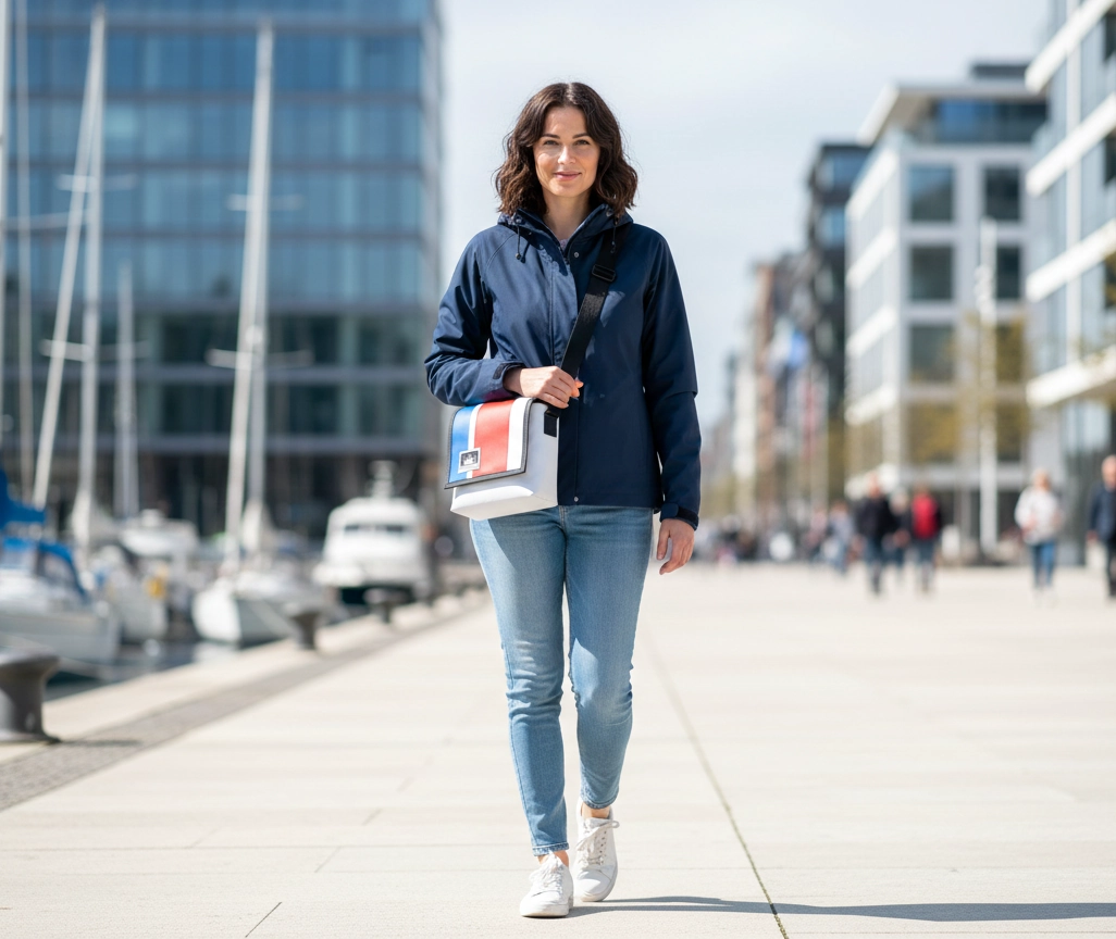 Frau mit Bootsmann S-Umhängetasche aus LKW-Plane in maritimer Umgebung
