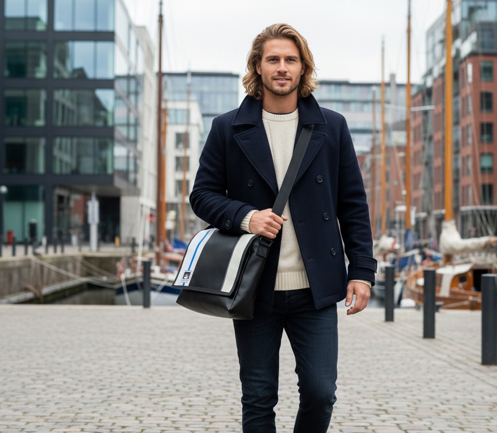 Mann in maritimer Umgebung mit Bootsmann Tasche aus LKW-Plane