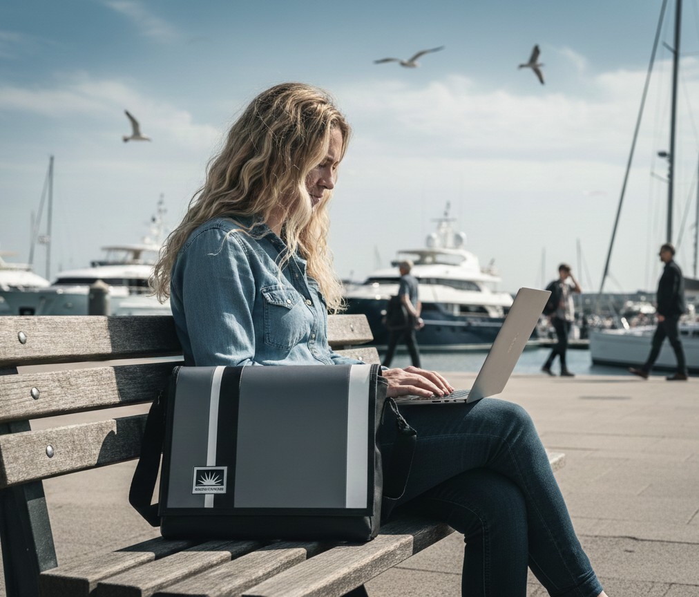 Frau sitzt am Jachthafen mit ihrer Laptoptasche