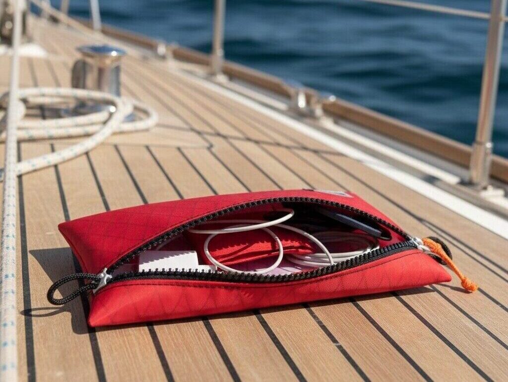 Bootsmann-Beutel aus X-Pac liegt auf einem Holzsteg am Wasser