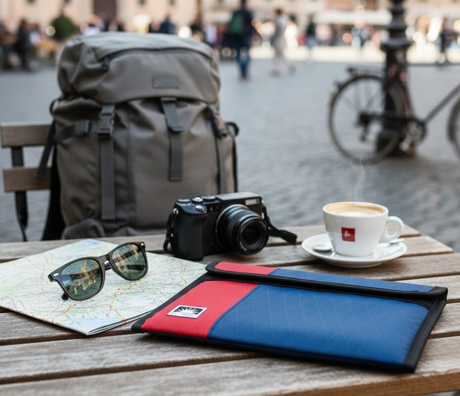 Tablet-Tasche aus X-Pac Segeltuch liegt auf einem Tisch