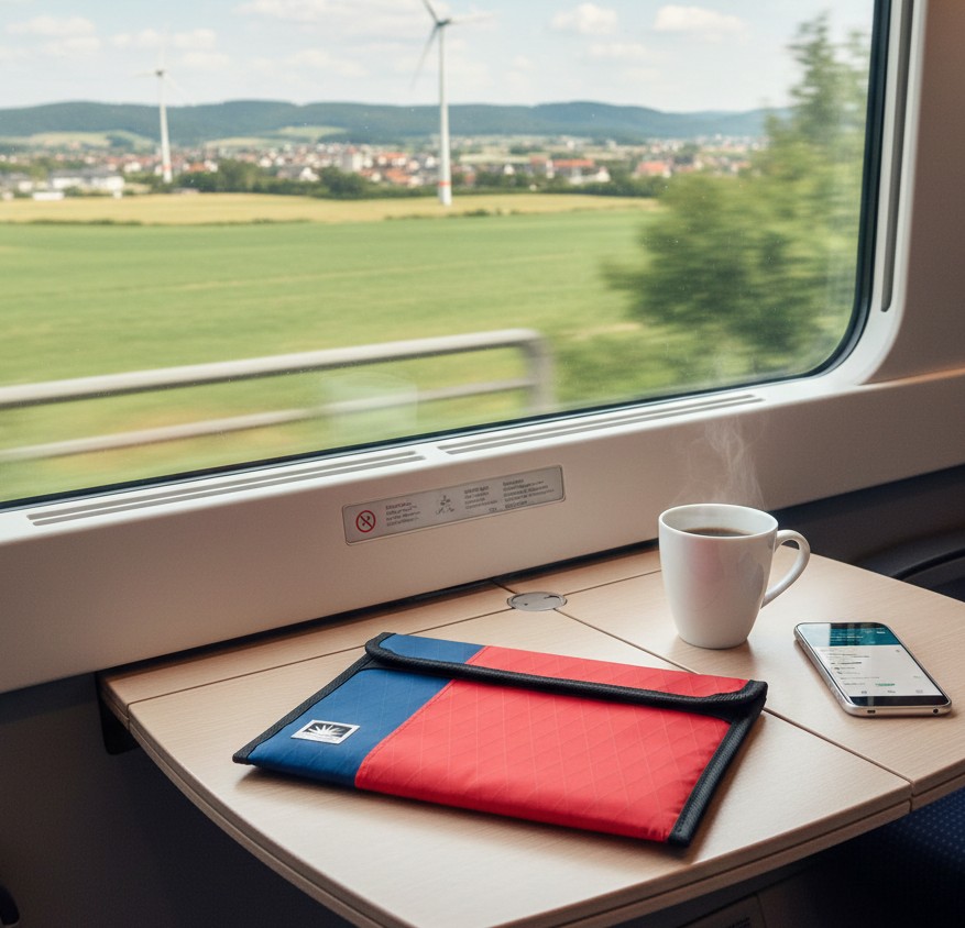 Tablet-Tasche aus X-Pac Segeltuch liegt auf einem Tisch