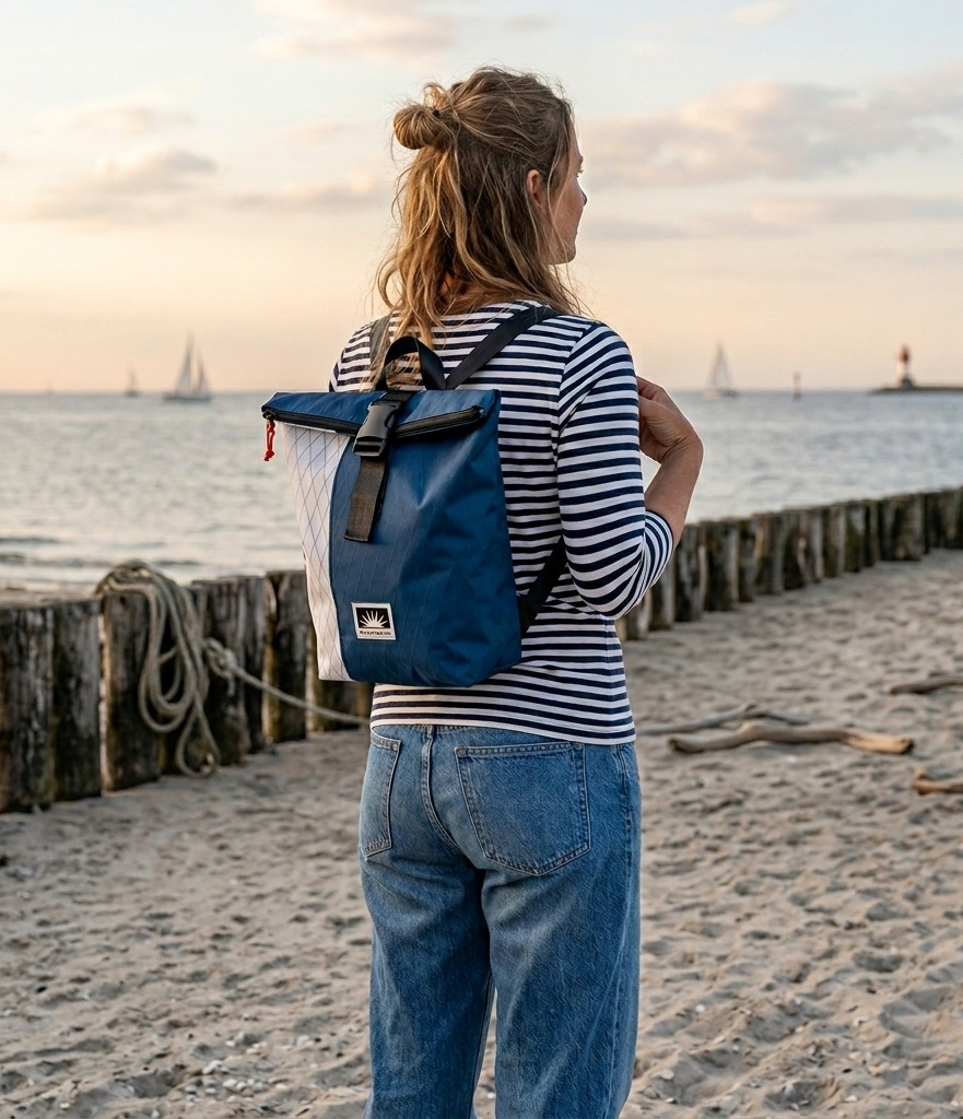 Rucksack S aus X-Pac an Frau am Strand getragen, seitliche Ansicht