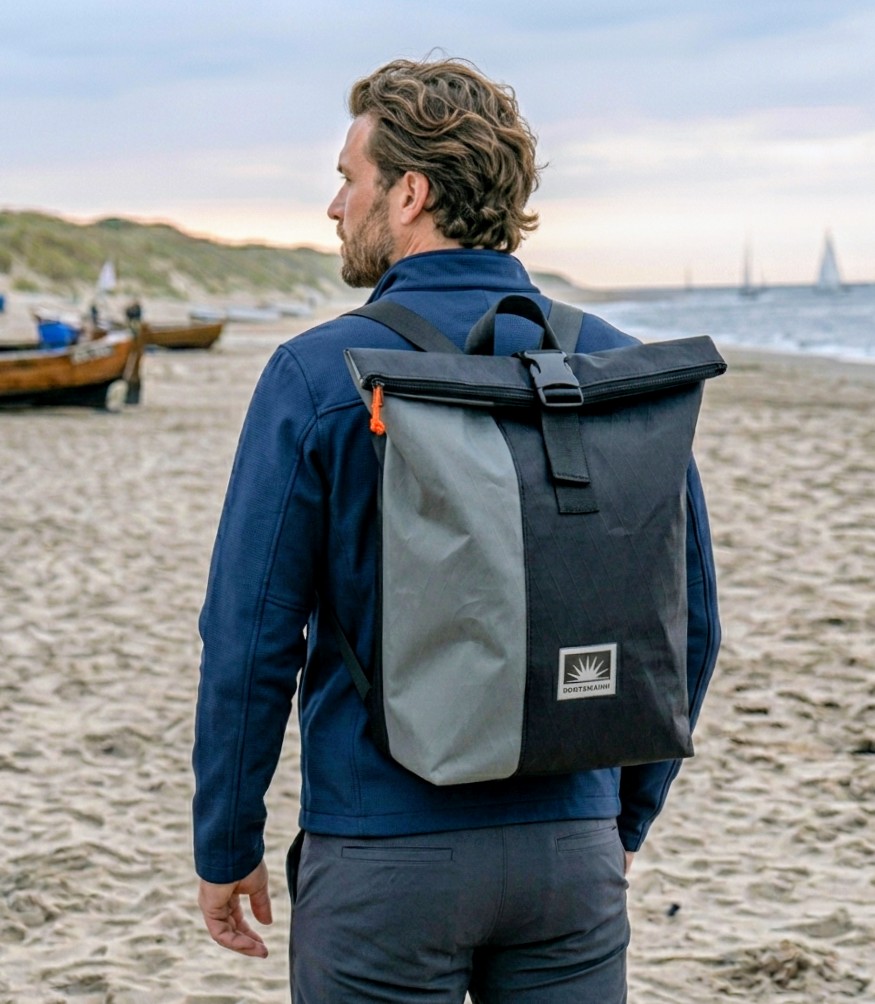 Rucksack L aus X-Pac an Mann am Strand getragen, seitliche Ansicht