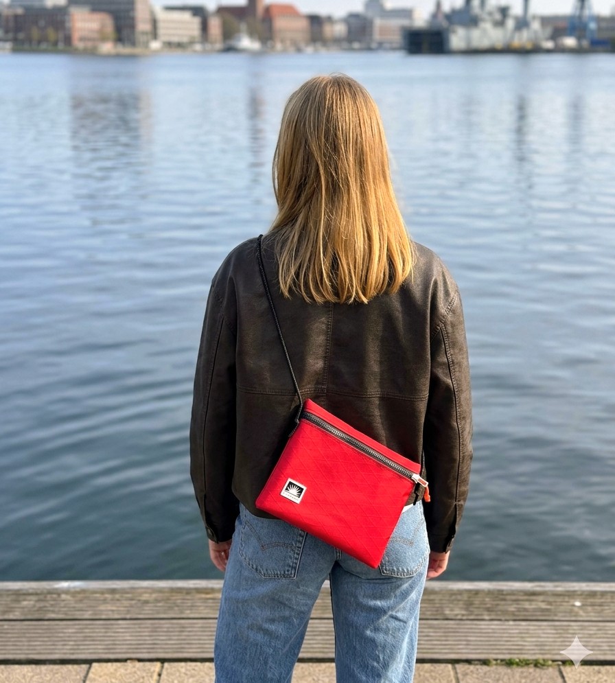 Junge Frau trägt eine Bootsmann Slingbag aus X-Pac über der Schulter