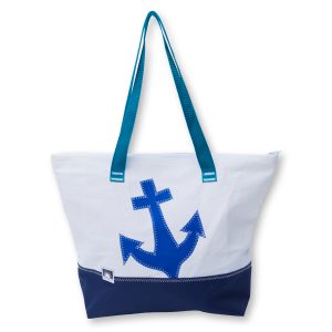 Shopper aus recyceltem Segeltuch mit blauem Anker-Motiv und dunkelblauem Boden