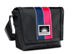 kleine Segeltuchtasche XS in schwarz mit dunkelblauen und pinken Streifen