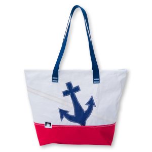 Shopper aus recyceltem Segeltuch mit blauem Anker-Motiv und roten Boden