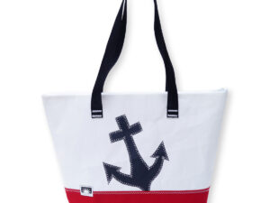 Shopper aus recyceltem Segeltuch mit schwarzen Anker-Motiv und rotem Bode
