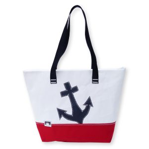 Shopper aus recyceltem Segeltuch mit schwarzen Anker-Motiv und rotem Bode