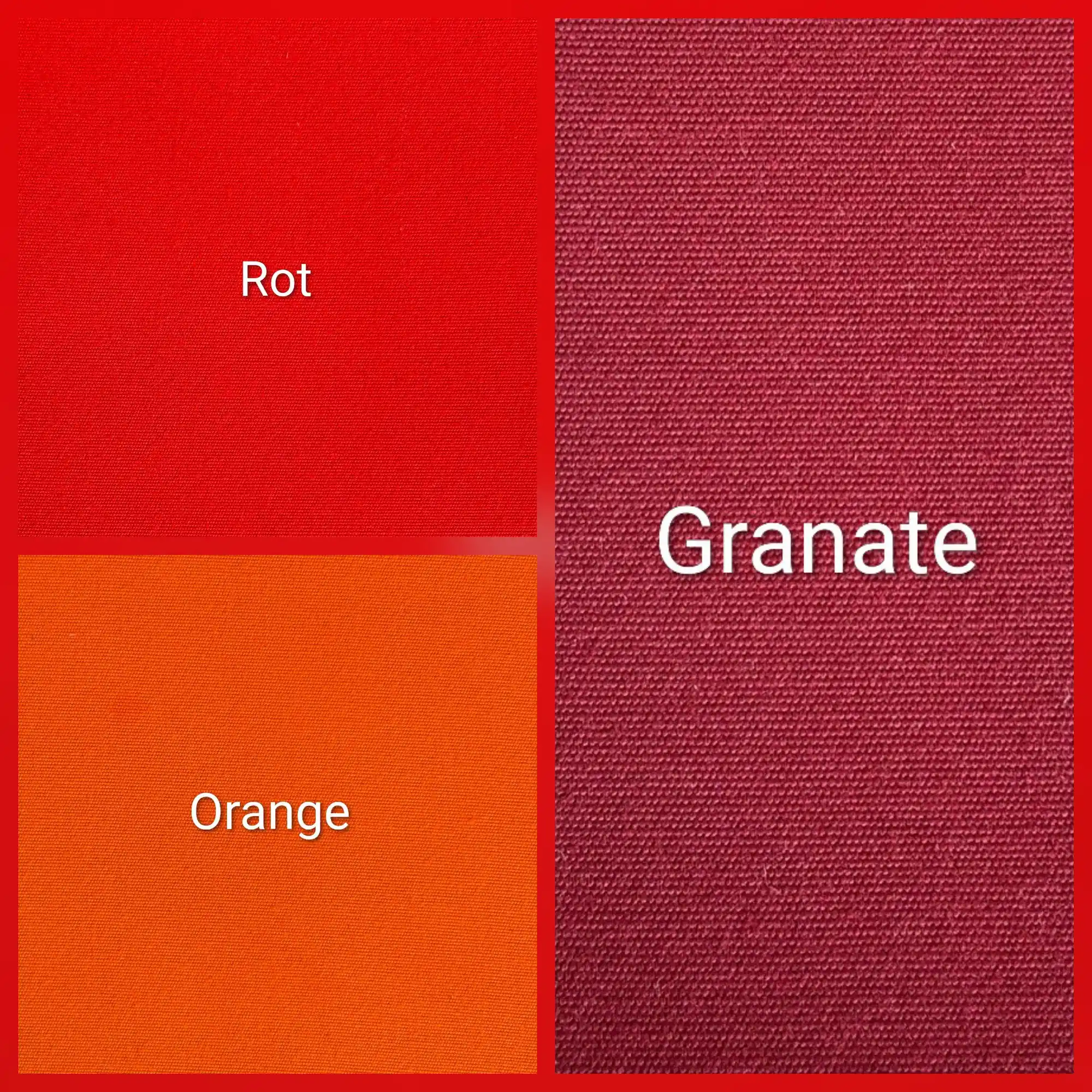 Farbkarte für Sporttaschen mit den Farbtönen Rot, Orange und Granate