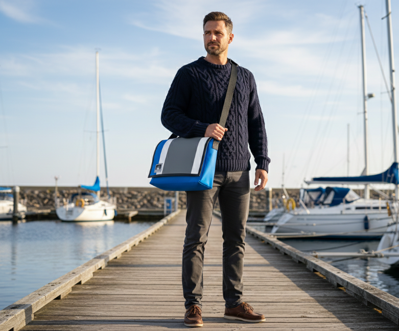 Person steht auf Steg und trägt Bootsmann L-Quer-Umhängetasche aus LKW-Plane