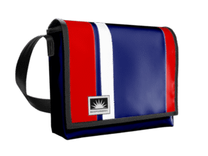 Laptoptasche aus neuer LKW-Plane in Dunkelblau, Rot und Weiss