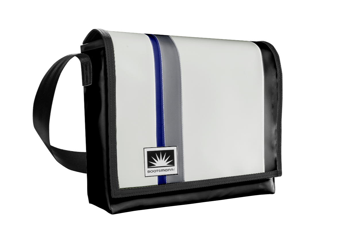 Freigestellte 13-Zoll-Laptoptasche aus LKW-Plane von Complan, robust und wetterfest, mit Außentasche und verstellbarem Laptopfach